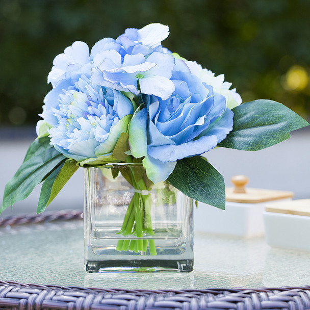 Mixed Artificial Rose Peony and Hydrangea Flower Arrangement in Cube Glass Vase With Faux Water(Blue) Mixed Artificial Rose Peony and Hydrangea Flower Arrangement in Cube Glass Vase With Faux Water(Blue)