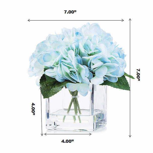 Artificial Real Touch Hydrangea Flower Arrangement in Cube Glass Vase With Faux Water(Light Blue)