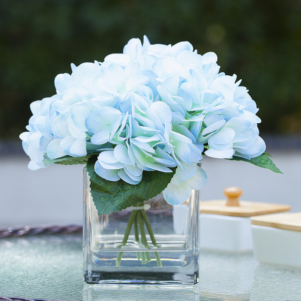 Artificial Real Touch Hydrangea Flower Arrangement in Cube Glass Vase With Faux Water(Light Blue)