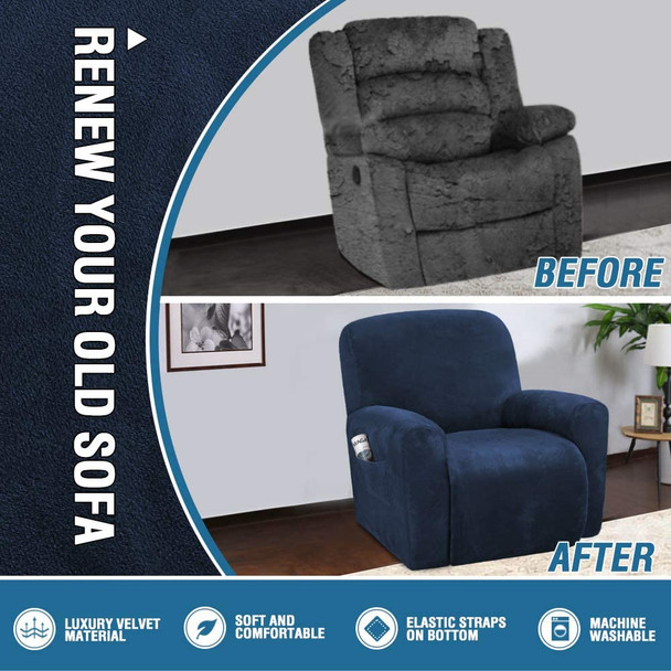Real Velvet Spandex Recliner Chair Slipcover with Elastic Bottom Side Pocket(Dark Blue) Real Velvet Spandex Recliner Chair Slipcover with Elastic Bottom Side Pocket(Dark Blue)