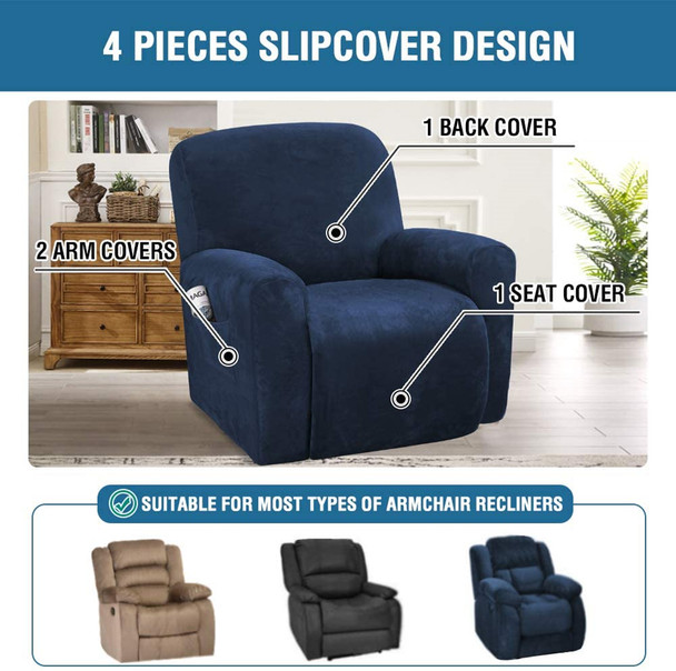 Real Velvet Spandex Recliner Chair Slipcover with Elastic Bottom Side Pocket(Dark Blue) Real Velvet Spandex Recliner Chair Slipcover with Elastic Bottom Side Pocket(Dark Blue)