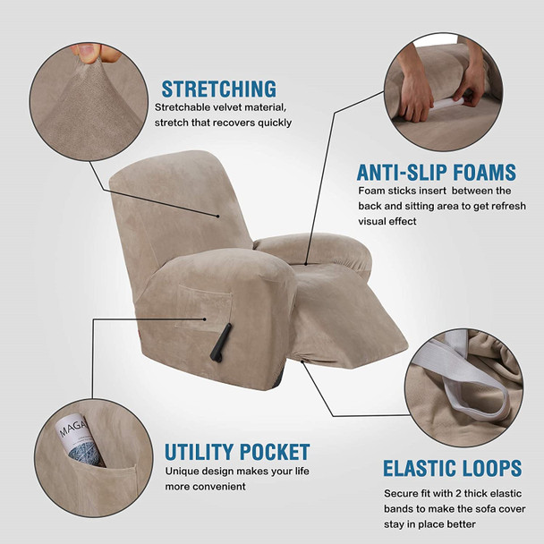 Real Velvet  Spandex  Recliner Chair Slipcover with Elastic Bottom Side Pocket(Taupe)