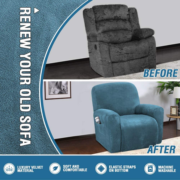 Real Velvet  Spandex  Recliner Chair Slipcover with Elastic Bottom Side Pocket(Peacock Blue)