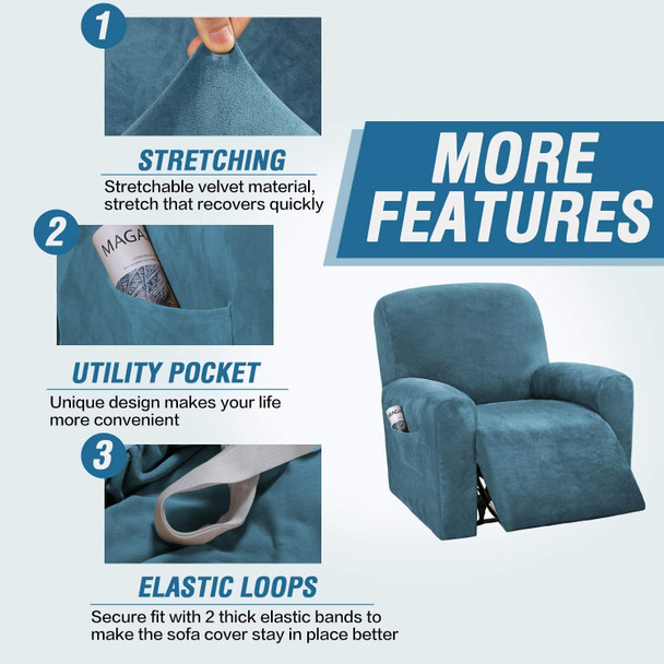 Real Velvet  Spandex  Recliner Chair Slipcover with Elastic Bottom Side Pocket(Peacock Blue)