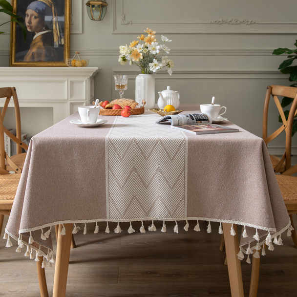 High Quality Rectangle Cotton and Linen Tablecloth with Tassels (Brown) High Quality Rectangle Cotton and Linen Tablecloth with Tassels (Brown)