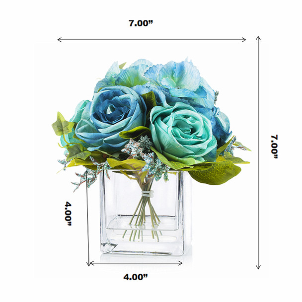  Mixed Artificial Roses Flower Arrangement in Cube Glass Vase With Faux Water(Aqua)
