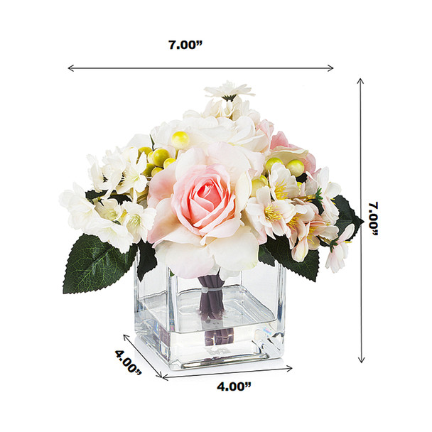 Mixed Artificial Roses Flower Arrangement in Cube Glass Vase With Faux Water(White Pink) Mixed Artificial Roses Flower Arrangement in Cube Glass Vase With Faux Water(White Pink)