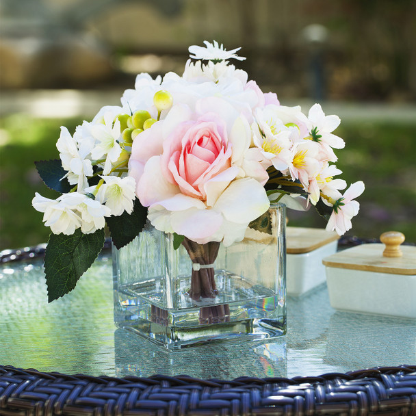 Mixed Artificial Roses Flower Arrangement in Cube Glass Vase With Faux Water(White Pink) Mixed Artificial Roses Flower Arrangement in Cube Glass Vase With Faux Water(White Pink)