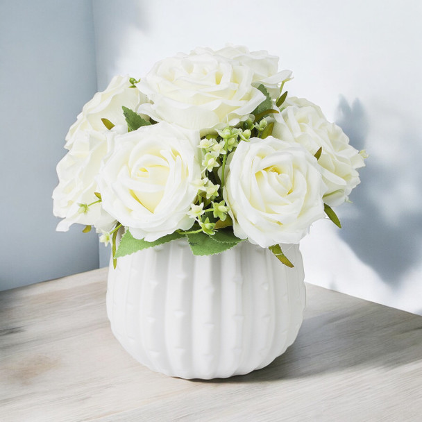 Mixed Artificial Rose Flower Arrangement in White Ceramic Pot( Cream)
