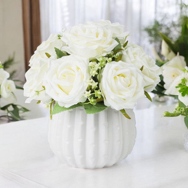 Mixed Artificial Rose Flower Arrangement in White Ceramic Pot( Cream)