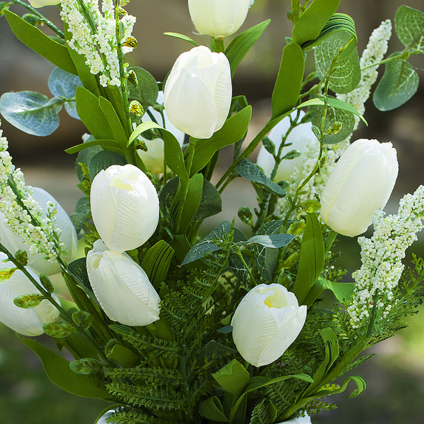 Mixed Artificial Tulip Flower in White Ceramic Pot(Cream)