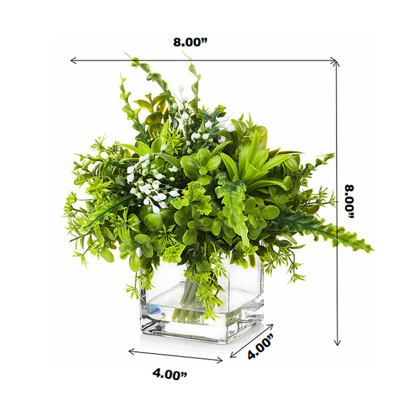Artificial Mixed Greenery Foliage Plant in Cube Glass Vase Artificial Mixed Greenery Foliage Plant in Cube Glass Vase