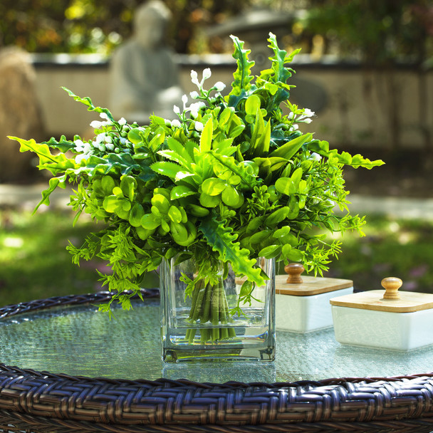 Artificial Mixed Greenery Foliage Plant in Cube Glass Vase Artificial Mixed Greenery Foliage Plant in Cube Glass Vase
