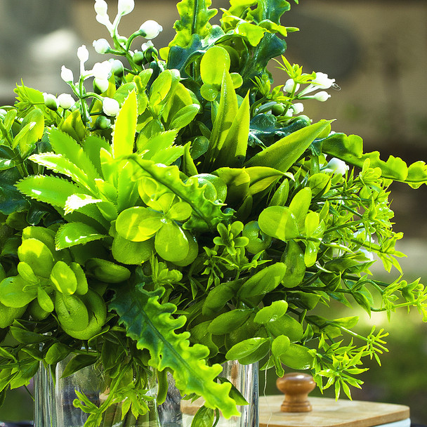 Artificial Mixed Greenery Foliage Plant in Cube Glass Vase Artificial Mixed Greenery Foliage Plant in Cube Glass Vase