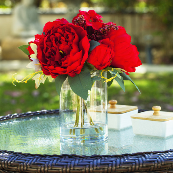 Mixed Artificial Peony and Hydrangea Flower Arrangement in Cube Glass Vase With Faux Water(Red) Mixed Artificial Peony and Hydrangea Flower Arrangement in Cube Glass Vase With Faux Water(Red)
