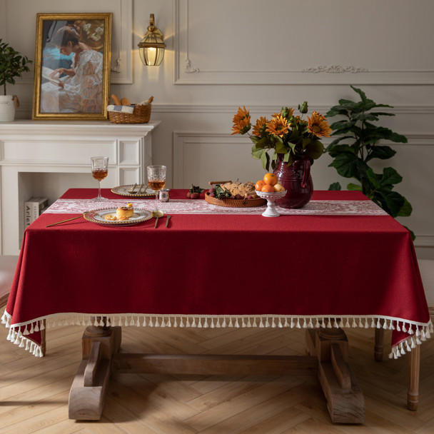 High Quality Washable Cotton Linen Wrinkle Free Tablecloth with Tassel (Red)