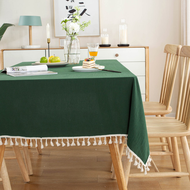 High Quality Washable Cotton Wrinkle Free Tablecloth with Tassel (Green)