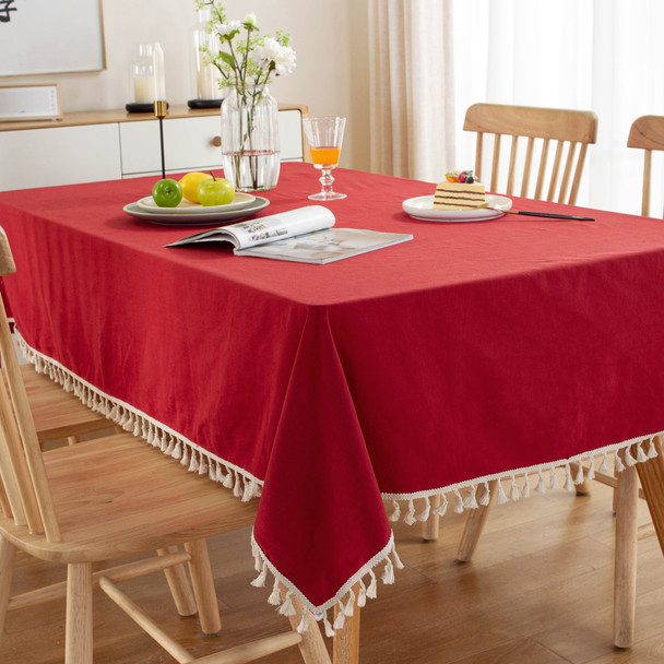 High Quality Washable Cotton Wrinkle Free Tablecloth with Tassel (Red) High Quality Washable Cotton Wrinkle Free Tablecloth with Tassel (Red)