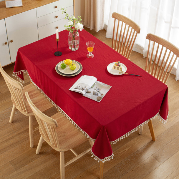High Quality Washable Cotton Wrinkle Free Tablecloth with Tassel (Red) High Quality Washable Cotton Wrinkle Free Tablecloth with Tassel (Red)