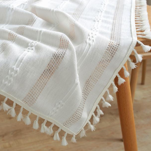 Washable Cotton Linen Wrinkle Free Tablecloth with Tassel (White) Washable Cotton Linen Wrinkle Free Tablecloth with Tassel (White)