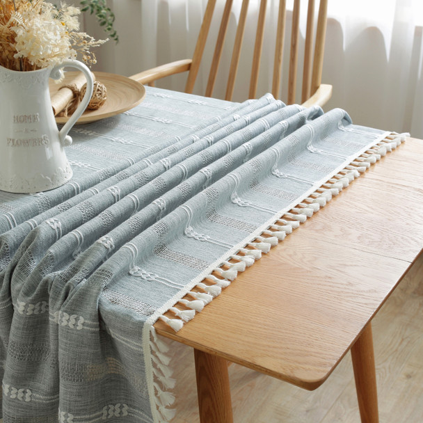 Washable Cotton Linen Wrinkle Free Tablecloth with Tassel (Light Blue) Washable Cotton Linen Wrinkle Free Tablecloth with Tassel (Light Blue)