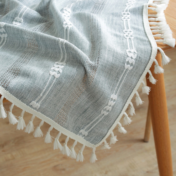 Washable Cotton Linen Wrinkle Free Tablecloth with Tassel (Light Blue) Washable Cotton Linen Wrinkle Free Tablecloth with Tassel (Light Blue)