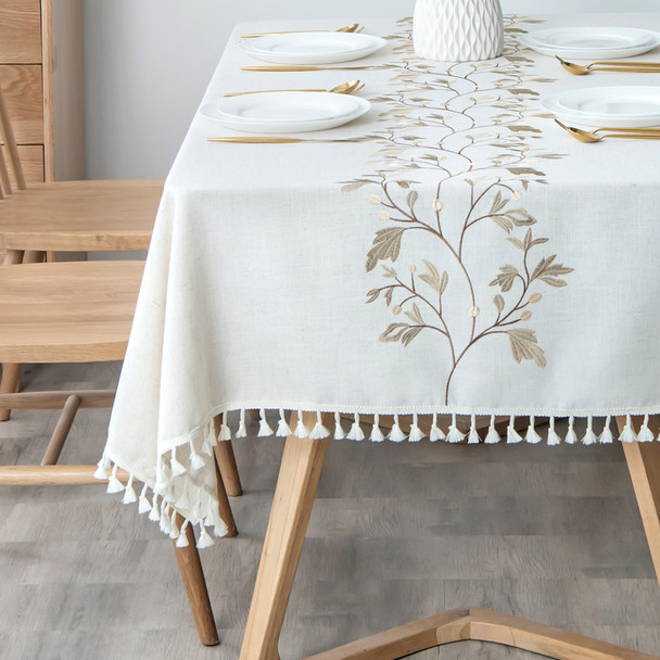 High Quality Washable Wrinkle Free Tablecloth with Tassel (Beige)