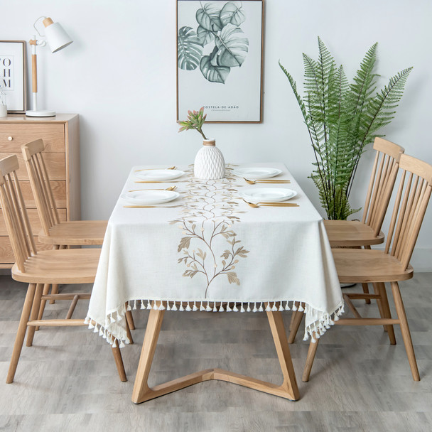 High Quality Washable Wrinkle Free Tablecloth with Tassel (Beige)