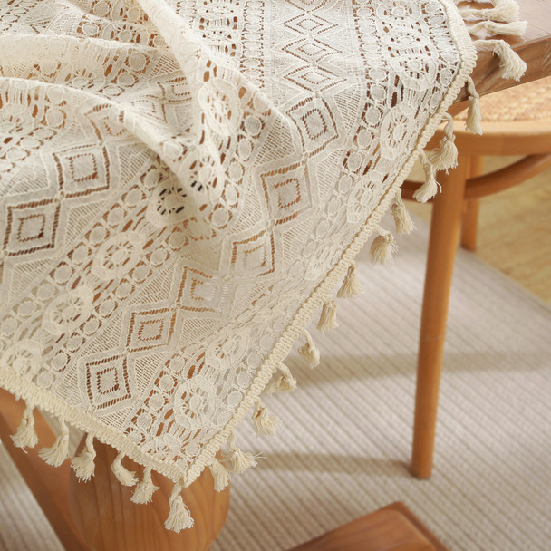 High Quality Washable Wrinkle Free Lace Tablecloth with Tassel(Beige)