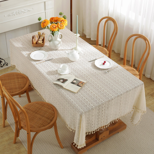 High Quality Washable Wrinkle Free Lace Tablecloth with Tassel(Beige)