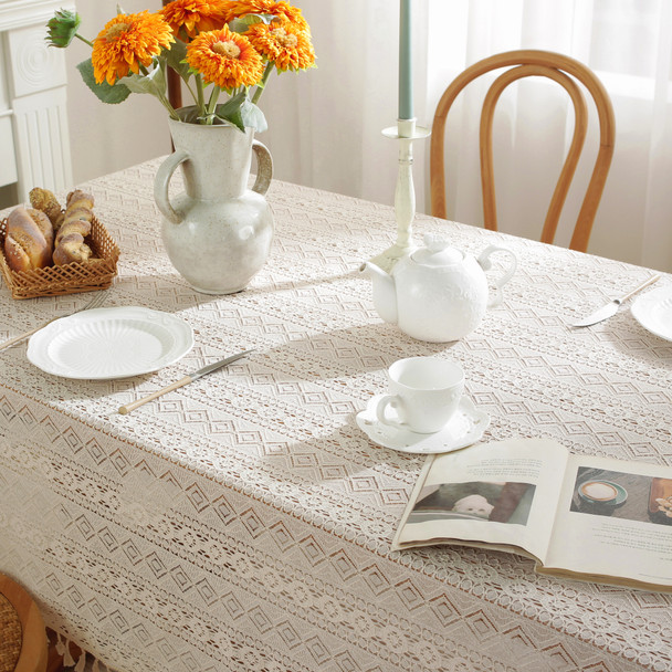 High Quality Washable Wrinkle Free Lace Tablecloth with Tassel(Beige)