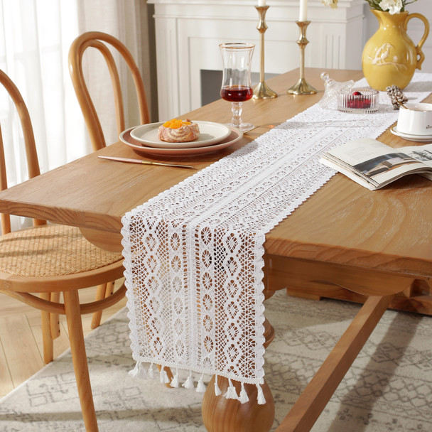 Fashion Table Runner with Tassels, Cotton Farmhouse Table Decoration ,9.5"X78", White