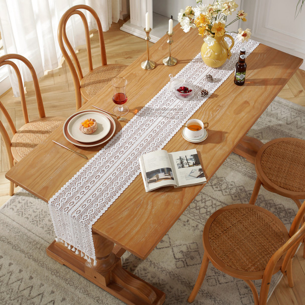 Fashion Table Runner with Tassels, Cotton Farmhouse Table Decoration ,9.5"X78", White
