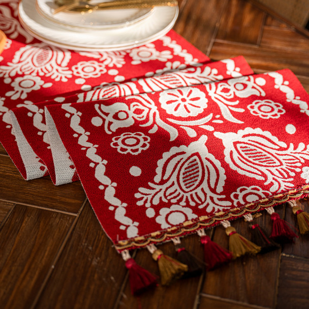 Red Table Runner with Tassels, Cotton Linen Farmhouse Table Decoration Red Table Runner with Tassels, Cotton Linen Farmhouse Table Decoration