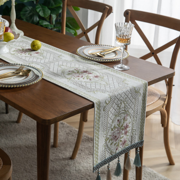 Modern Floral Print Table Runner with Tassel(Geige)