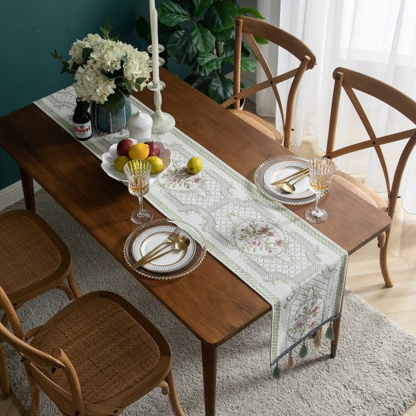 Modern Floral Print Table Runner with Tassel(Geige)