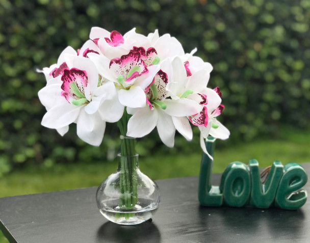 White Silk Orchid Flowers 18 pieces With Glass Vase Home Wedding Decor White Silk Orchid Flowers 18 pieces With Glass Vase Home Wedding Decor