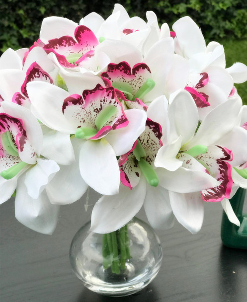 White Silk Orchid Flowers 18 pieces With Glass Vase Home Wedding Decor White Silk Orchid Flowers 18 pieces With Glass Vase Home Wedding Decor