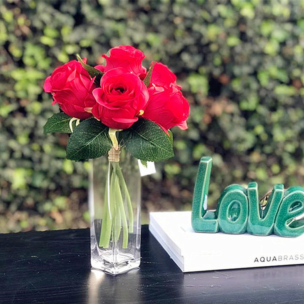 Red Artificial Rose Flower Bouquet  7 pieces with Vase