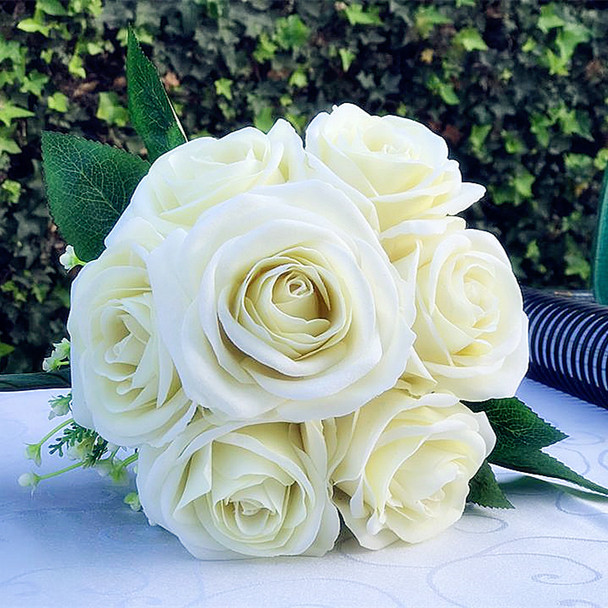 Velvet Cream Rose Flower Bouquet 7 pieces with Vase for Home Wedding Decoration Velvet Cream Rose Flower Bouquet 7 pieces with Vase for Home Wedding Decoration