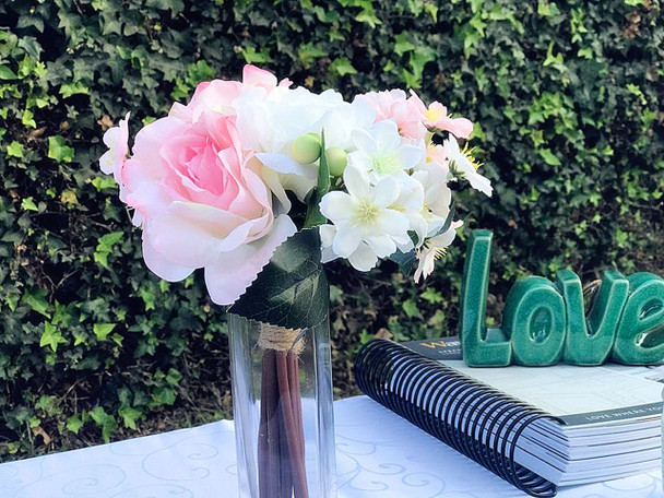 Pink and White Mixed Artificial Flowers Bouquet with Vase Pink and White Mixed Artificial Flowers Bouquet with Vase