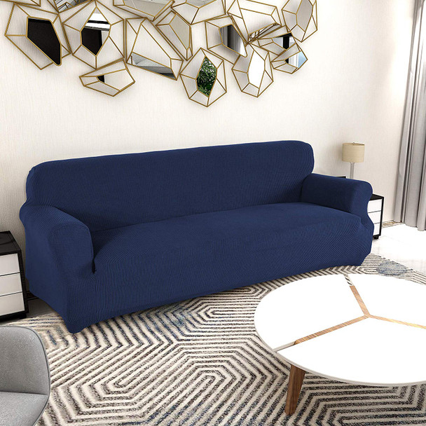  Jacquard  Polyester Spandex Fabric Box  Cushion Sofa Slipcovers-Dark Blue