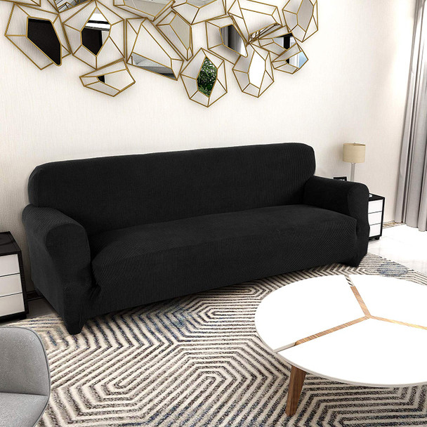 Jacquard  Polyester Spandex Fabric Box  Cushion Sofa Slipcovers-Black