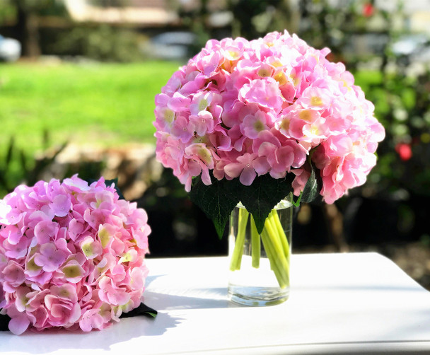 Pink Artificial Hydrangea Flower Arrangements with Clear Glass Vase 