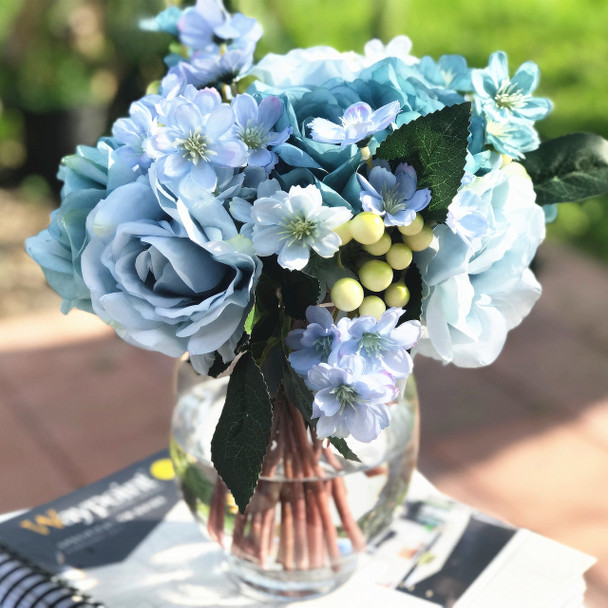Sky Blue Artificial Rose and Mixed Flower Arrangements with Clear Glass Vase Sky Blue Artificial Rose and Mixed Flower Arrangements with Clear Glass Vase