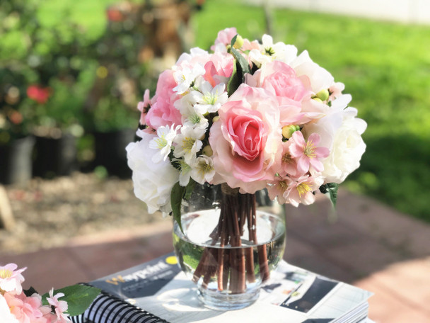 Pink and Cream Artificial Rose and Mixed Flower Arrangements with Clear Glass Vase 