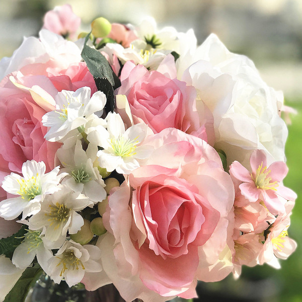Pink and Cream Artificial Rose and Mixed Flower Arrangements with Clear Glass Vase 