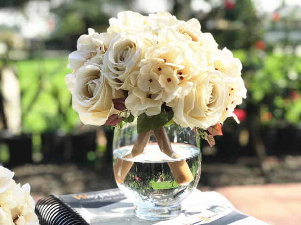 Champagne Artificial Rose and Hydrangea Flower Arrangements with Glass Vase 