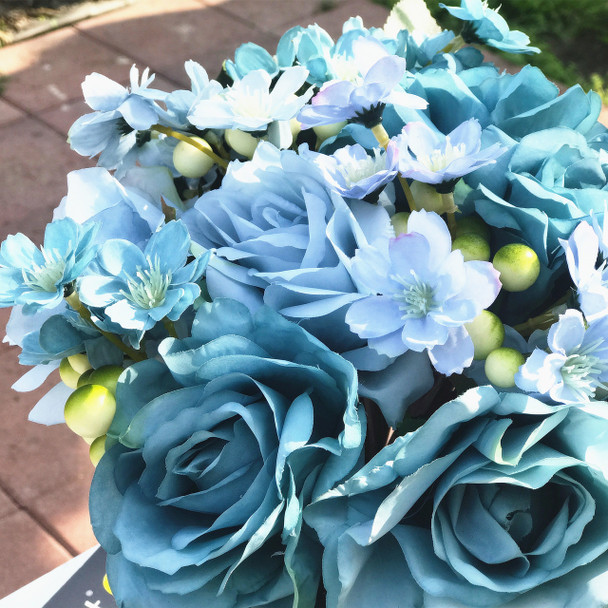 Sky Blue Artificial Rose and Mixed Flower Bouquet Set of 2