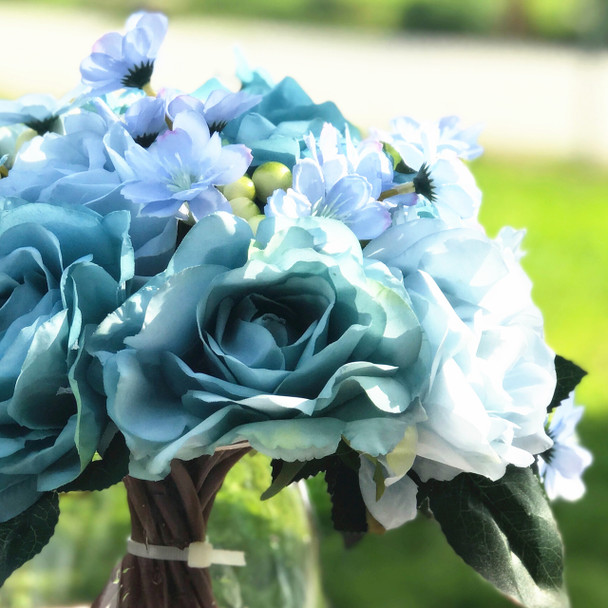 Sky Blue Artificial Rose and Mixed Flower Bouquet Set of 2